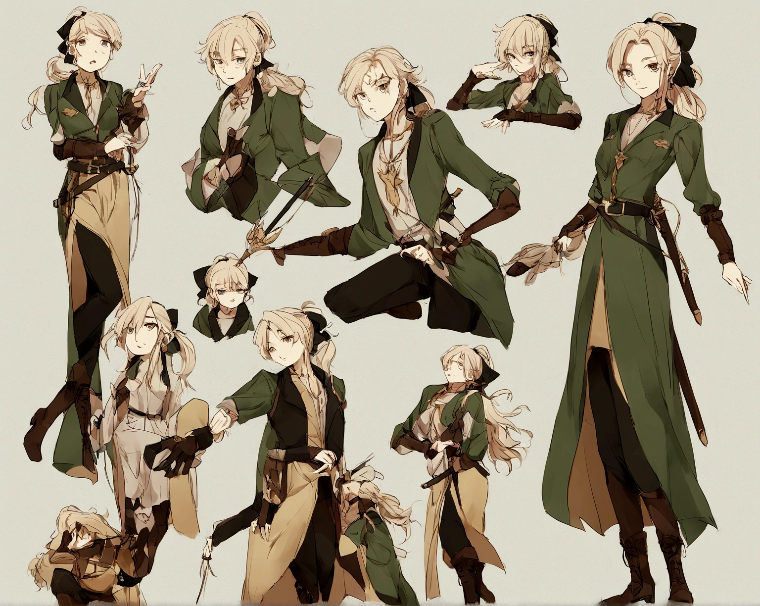 Um garoto elfo, com orelhas pontudas e olhos azuis brilhantes. Ele tem cabelos longos e lisos, de cor prateada, with a strand of hair falling on the forehead and a small ponytail tied at the back of the neck. Your expression is cold and murderous. He is dressed in a simple light-colored tunic, dark pants and boots that reach mid-calf. Wear a belt with a sheath hanging from it. Features leather bracers and a hair bow at the back. Your face is extremely beautiful, Delicate lips, the irises of your eyes are sharp like a feline's, mostrando um olhar afiado e belo, quase feminino. The character is in combat pose, elegante, with the rapier raised and the appearance of a leader.