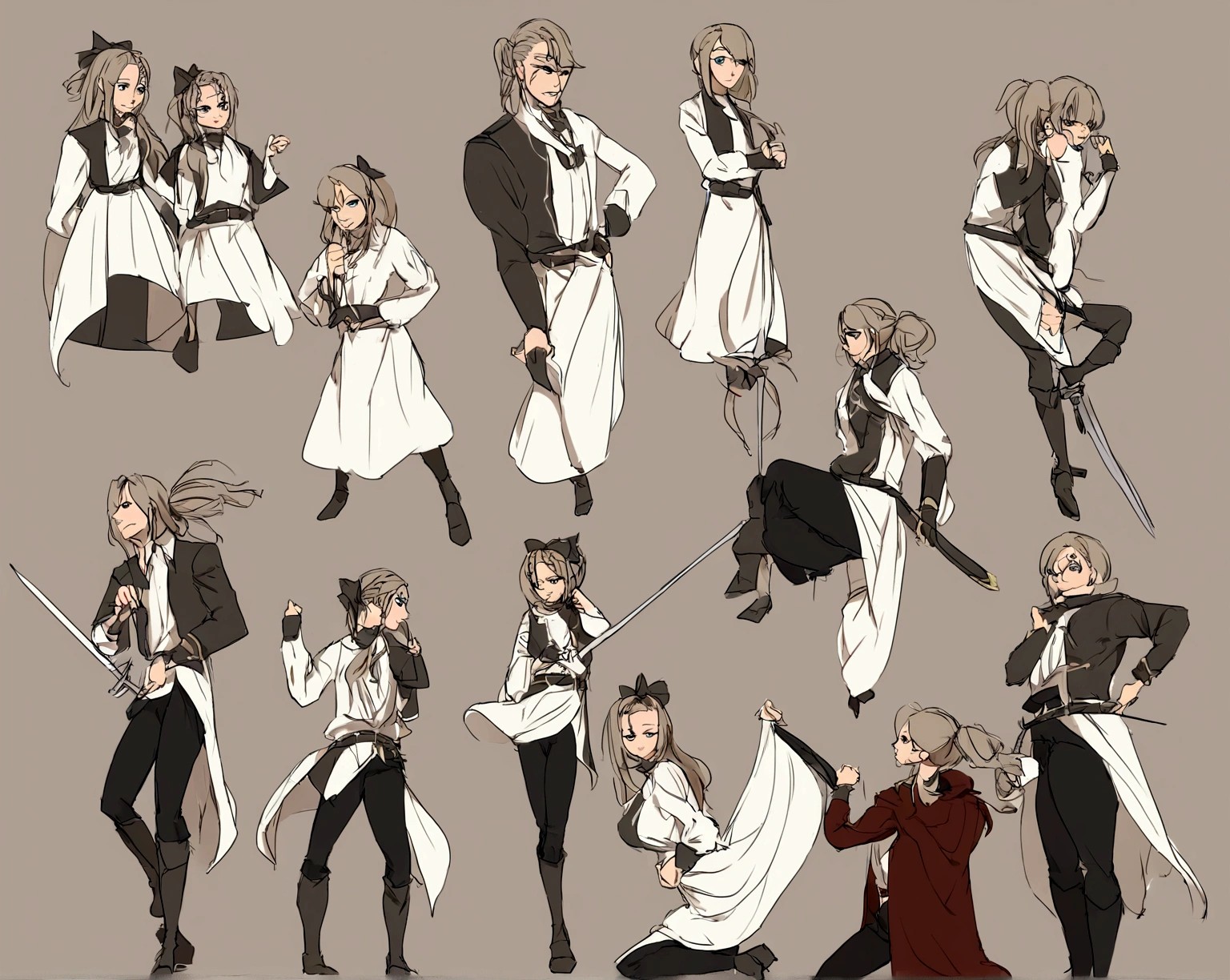Um garoto elfo, com orelhas pontudas e olhos azuis brilhantes. Ele tem cabelos longos e lisos, de cor prateada, with a strand of hair falling on the forehead and a small ponytail tied at the back of the neck. Your expression is cold and murderous. He is dressed in a simple light-colored tunic, dark pants and boots that reach mid-calf. Wear a belt with a sheath hanging from it. Features leather bracers and a hair bow at the back. Your face is extremely beautiful, Delicate lips, the irises of your eyes are sharp like a feline&#39;s, mostrando um olhar afiado e belo, quase feminino. The character is in combat pose, elegante, with the rapier raised and the appearance of a leader.