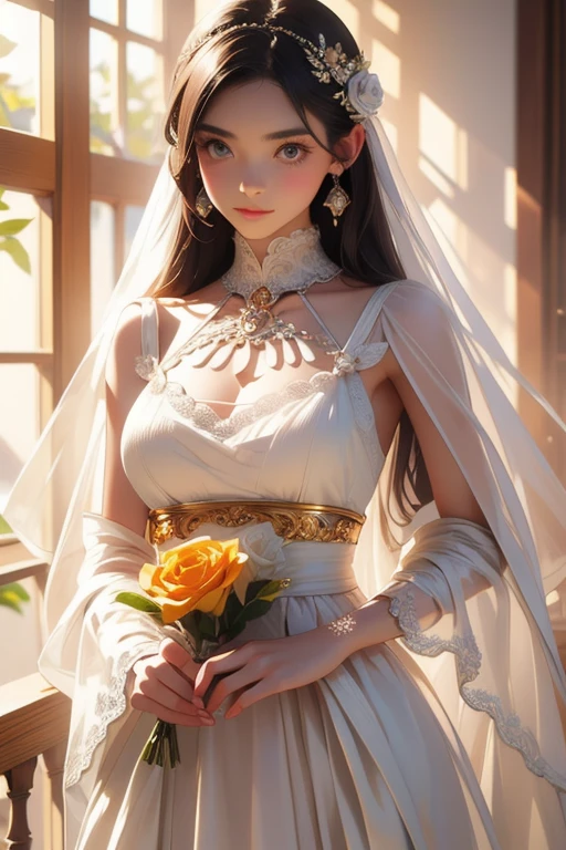 Gorgeous female models, One girl, highly detailed white rose, Intricate embroidery patterns, Double stitching, Silver and gold beads, Bright Creamsicle, red, white, green, lavender, orange italian background, Award-winning digital art, (highest quality,4K,8k,High resolution,masterpiece:1.2),Super detailed,(Realistic,photoRealistic,photo-Realistic:1.37), Cinema Lighting, Volumetric lighting, Dramatic Shadows, Rich colors, elegant, Brilliant, Gorgeous, masterpiece, intricate complexity, amazing