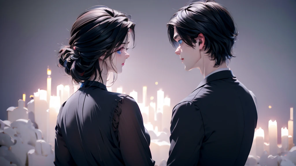 1 Boy&gGirl, medium light black hair, light blue eyes, wearing black suit, night city, 18+ , high res, ultrasharp, 8K, masterpiece, looking from behind