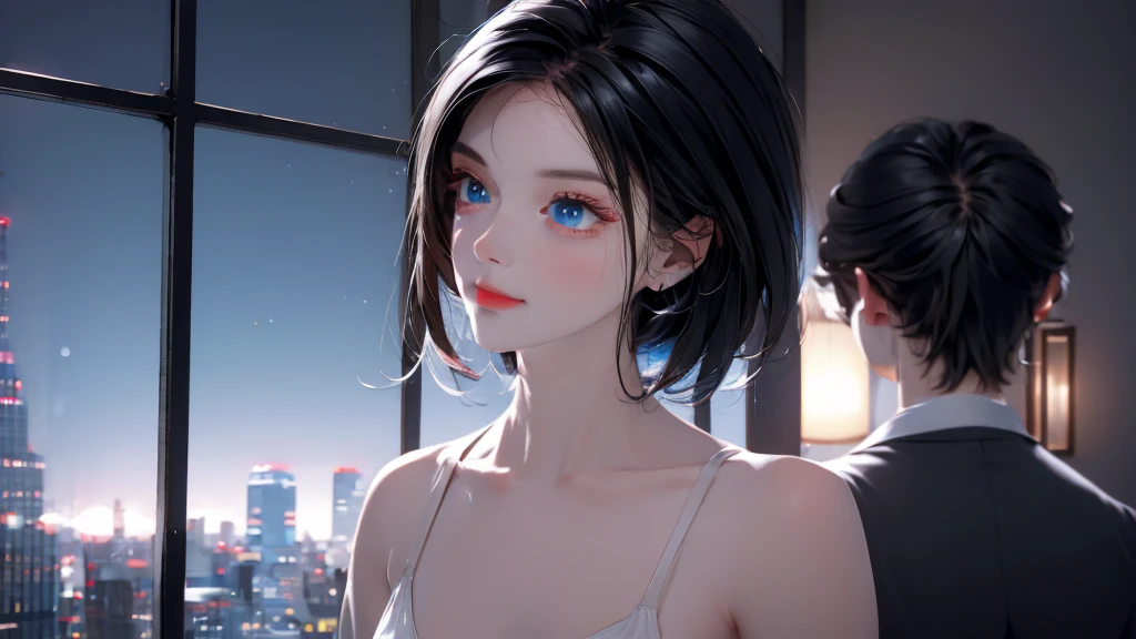 1 Boy&gGirl, medium light black hair, light blue eyes, wearing black suit, night city, 18+ , high res, ultrasharp, 8K, masterpiece, looking from behind