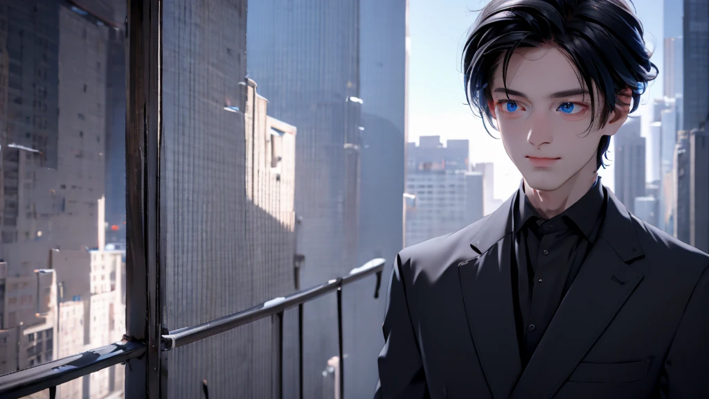 1 Boy&gGirl, medium light black hair, light blue eyes, wearing black suit, night city, 18+ , high res, ultrasharp, 8K, masterpiece, looking from behind