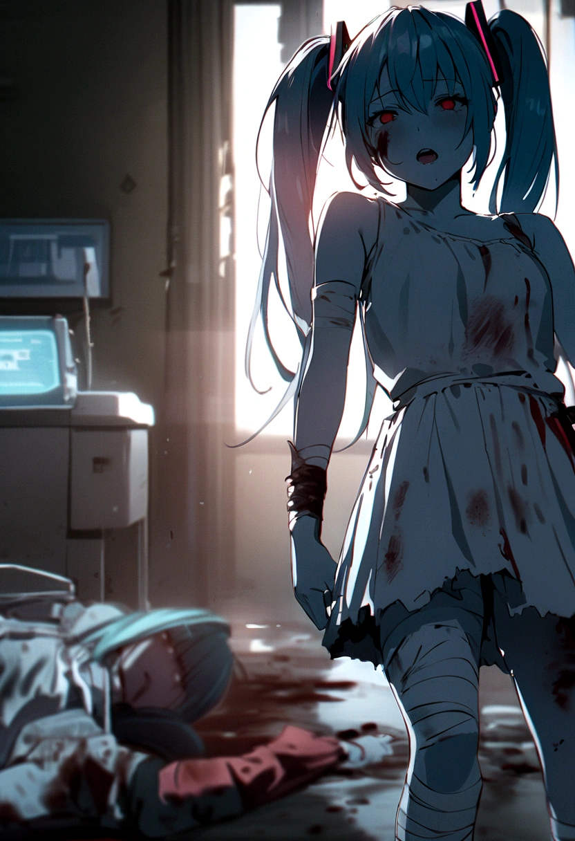 Drooping eyes、Drunk、Ahegao、Twin tails、Blue Hair、Twin tails、blunt bangs、Hatsune Miku、Hatsune Miku、Blue skin and face、masterpiece, highest quality, highest detail, 1 girl, BREAK, horror, (Small injured girl, blood, bleeding, injury), Shining white hair, jewel-like red eyes, anime highlight eyes, scarred clothes, dirty clothes, bloodstained clothes, scarred skin, battle damage, bandaged arms, bandaged legs, (Yandere:1.2), BREAK, The background is a modern hospital, a collapsed hospital, BREAK, movie lighting, action movie poster, dynamic, beautiful girl action actor, motion blur, depth of field, 35mm, Sony FE, 1girl,