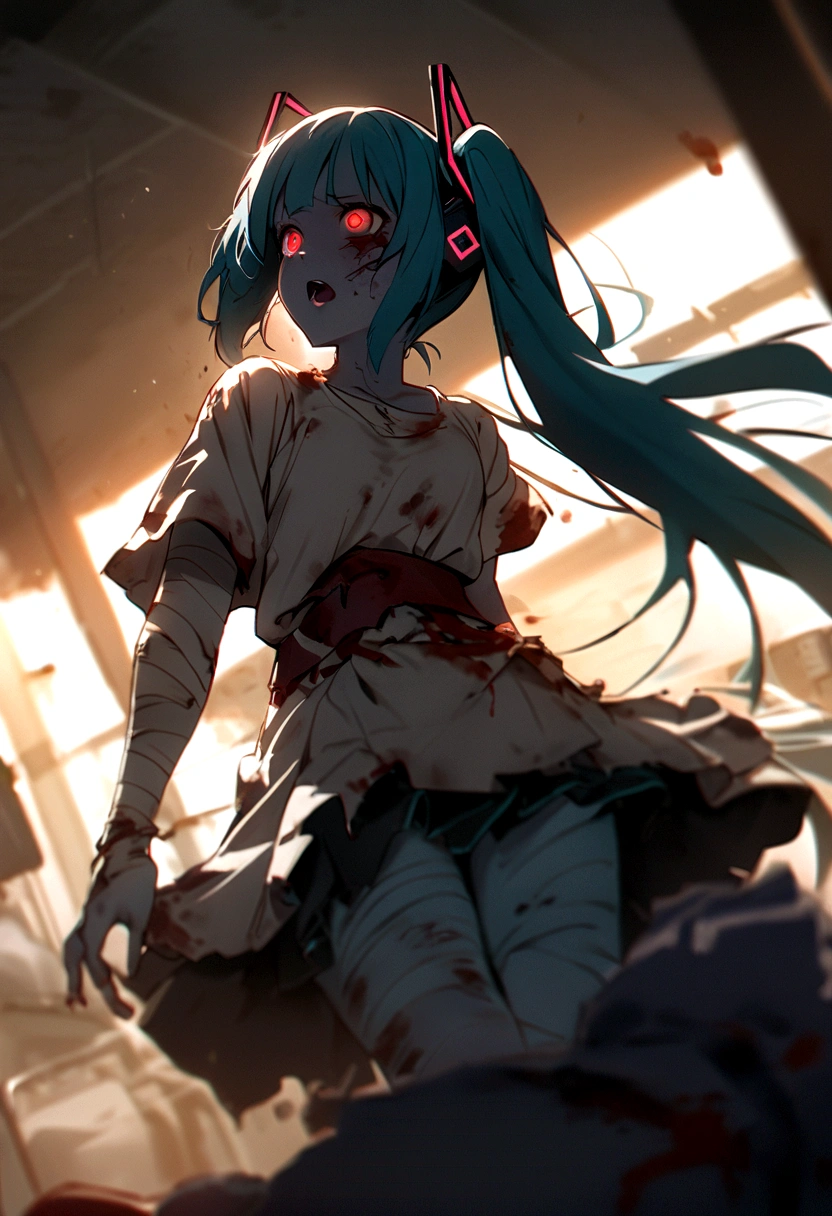 Drooping eyes、Drunk、Ahegao、Twin tails、Blue Hair、Twin tails、blunt bangs、Hatsune Miku、Hatsune Miku、Blue skin and face、masterpiece, highest quality, highest detail, 1 girl, BREAK, horror, (Small injured girl, blood, bleeding, injury), Shining white hair, jewel-like red eyes, anime highlight eyes, scarred clothes, dirty clothes, bloodstained clothes, scarred skin, battle damage, bandaged arms, bandaged legs, (Yandere:1.2), BREAK, The background is a modern hospital, a collapsed hospital, BREAK, movie lighting, action movie poster, dynamic, beautiful girl action actor, motion blur, depth of field, 35mm, Sony FE, 1girl,