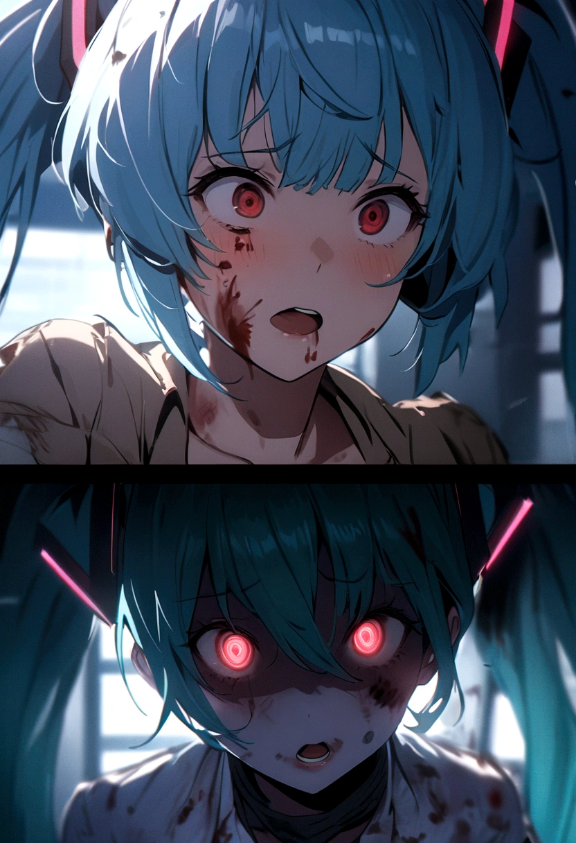 Drooping eyes、Drunk、Ahegao、Twin tails、Blue Hair、Twin tails、blunt bangs、Hatsune Miku、Hatsune Miku、Blue skin and face、masterpiece, highest quality, highest detail, 1 girl, BREAK, horror, (Small injured girl, blood, bleeding, injury), Shining white hair, jewel-like red eyes, anime highlight eyes, scarred clothes, dirty clothes, bloodstained clothes, scarred skin, battle damage, bandaged arms, bandaged legs, (Yandere:1.2), BREAK, The background is a modern hospital, a collapsed hospital, BREAK, movie lighting, action movie poster, dynamic, beautiful girl action actor, motion blur, depth of field, 35mm, Sony FE, 1girl,