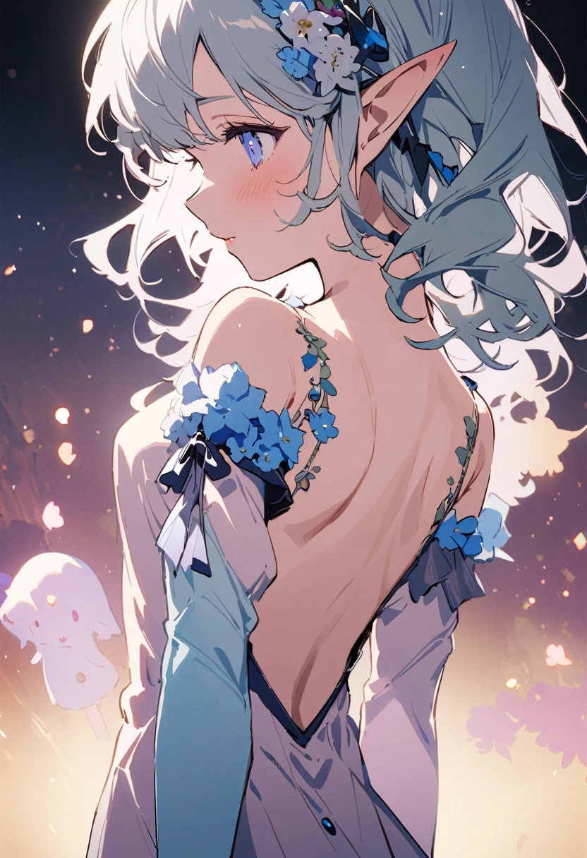 masterpiece, highest quality, Illustration of the novel, High resolution, 18+ Adult content, Sensual, Intimate, Emotional, Passionate, romantic, sweet, Adorable, Innocent, Pure, Charmな, Charmな, Charm, Mysterious, Charmな, Charmな, Immersive, Charmな, dream-like, Surreal, Imaginative, Whimsical, artistic, Avant-garde, timeless, elegant, Sophisticated, chic, Sophisticated, personality, original, Charmな,((Loli Elf:1.3)),((Back view:1.3))、Upper Body、(Little)
