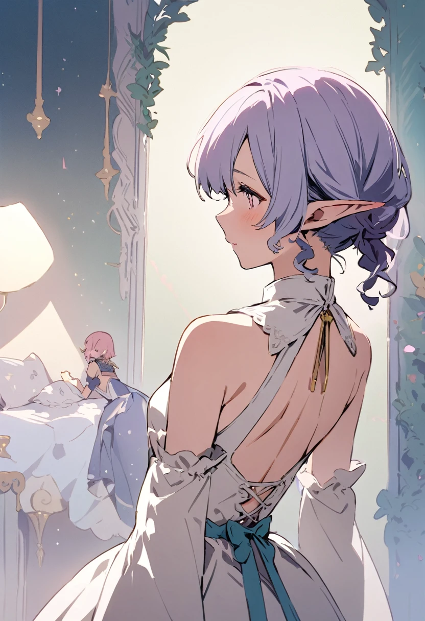 masterpiece, highest quality, Illustration of the novel, High resolution, 18+ Adult content, Sensual, Intimate, Emotional, Passionate, romantic, sweet, Adorable, Innocent, Pure, Charmな, Charmな, Charm, Mysterious, Charmな, Charmな, Immersive, Charmな, dream-like, Surreal, Imaginative, Whimsical, artistic, Avant-garde, timeless, elegant, Sophisticated, chic, Sophisticated, personality, original, Charmな,((Loli Elf:1.3)),((Back view:1.3))、Upper Body、(Little)