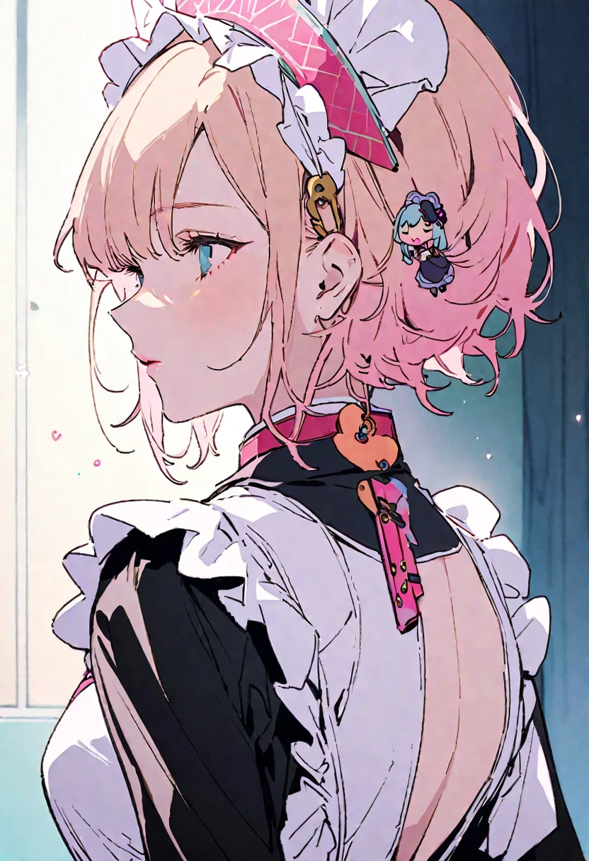 ((Back view)),masterpiece, highest quality, Illustration of the novel, High resolution, 18+ Adult content, Sensual, Intimate, Emotional, Passionate, romantic, sweet, Adorable, Innocent, Pure, Charmな, Charmな, Charm, Mysterious, Charmな, Charmな, Immersive, Charmな, dream-like, Surreal, Imaginative, Whimsical, artistic, Avant-garde, timeless, elegant, Sophisticated, chic, Sophisticated, personality, original, Charmな,((Maid clothes:1.3)),(guitarist:1.3)、Female Band、live、((Upper Body:1.3))