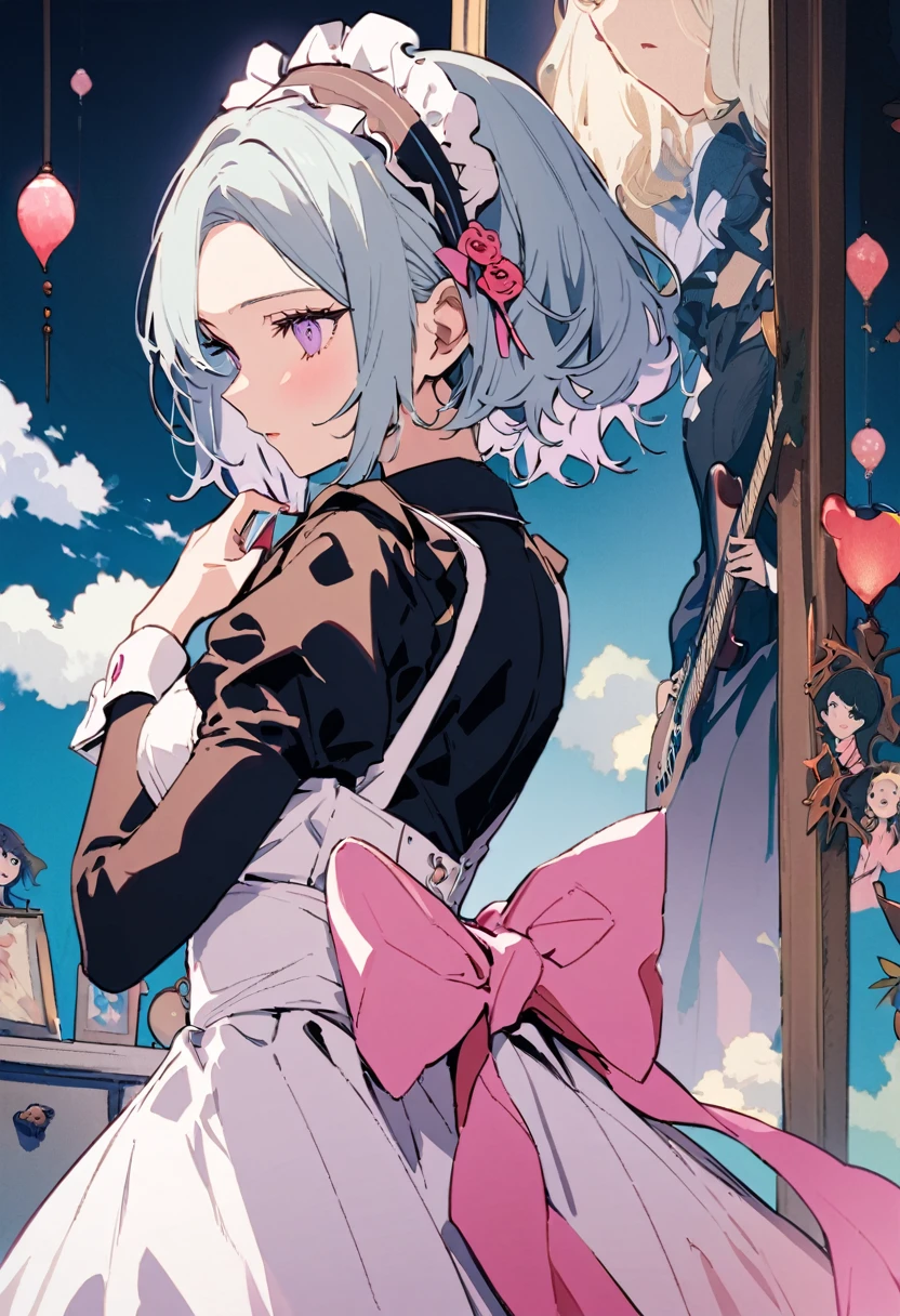 ((Back view)),masterpiece, highest quality, Illustration of the novel, High resolution, 18+ Adult content, Sensual, Intimate, Emotional, Passionate, romantic, sweet, Adorable, Innocent, Pure, Charmな, Charmな, Charm, Mysterious, Charmな, Charmな, Immersive, Charmな, dream-like, Surreal, Imaginative, Whimsical, artistic, Avant-garde, timeless, elegant, Sophisticated, chic, Sophisticated, personality, original, Charmな,((Maid clothes:1.3)),(guitarist:1.3)、Female Band、live、((Upper Body:1.3))