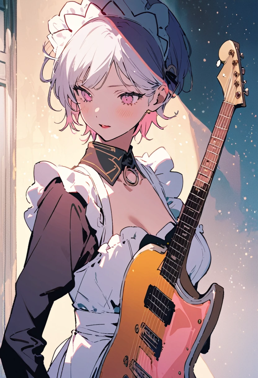 ((Back view)),masterpiece, highest quality, Illustration of the novel, High resolution, 18+ Adult content, Sensual, Intimate, Emotional, Passionate, romantic, sweet, Adorable, Innocent, Pure, Charmな, Charmな, Charm, Mysterious, Charmな, Charmな, Immersive, Charmな, dream-like, Surreal, Imaginative, Whimsical, artistic, Avant-garde, timeless, elegant, Sophisticated, chic, Sophisticated, personality, original, Charmな,((Maid clothes:1.3)),(guitarist:1.3)、Female Band、live、((Upper Body:1.3))