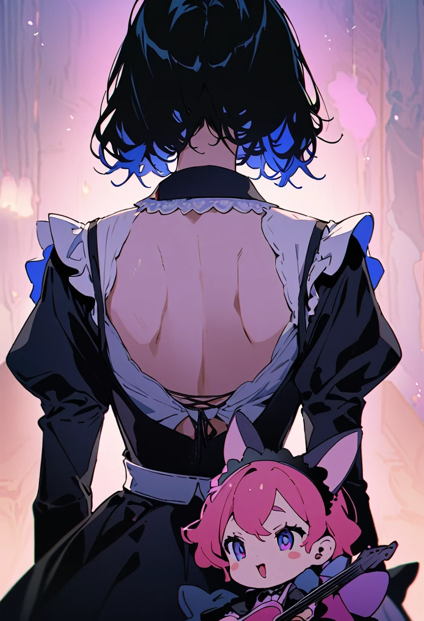 ((Back view)),masterpiece, highest quality, Illustration of the novel, High resolution, 18+ Adult content, Sensual, Intimate, Emotional, Passionate, romantic, sweet, Adorable, Innocent, Pure, Charmな, Charmな, Charm, Mysterious, Charmな, Charmな, Immersive, Charmな, dream-like, Surreal, Imaginative, Whimsical, artistic, Avant-garde, timeless, elegant, Sophisticated, chic, Sophisticated, personality, original, Charmな,((Maid clothes:1.3)),(guitarist:1.3)、Female Band、live、((Upper Body:1.3))