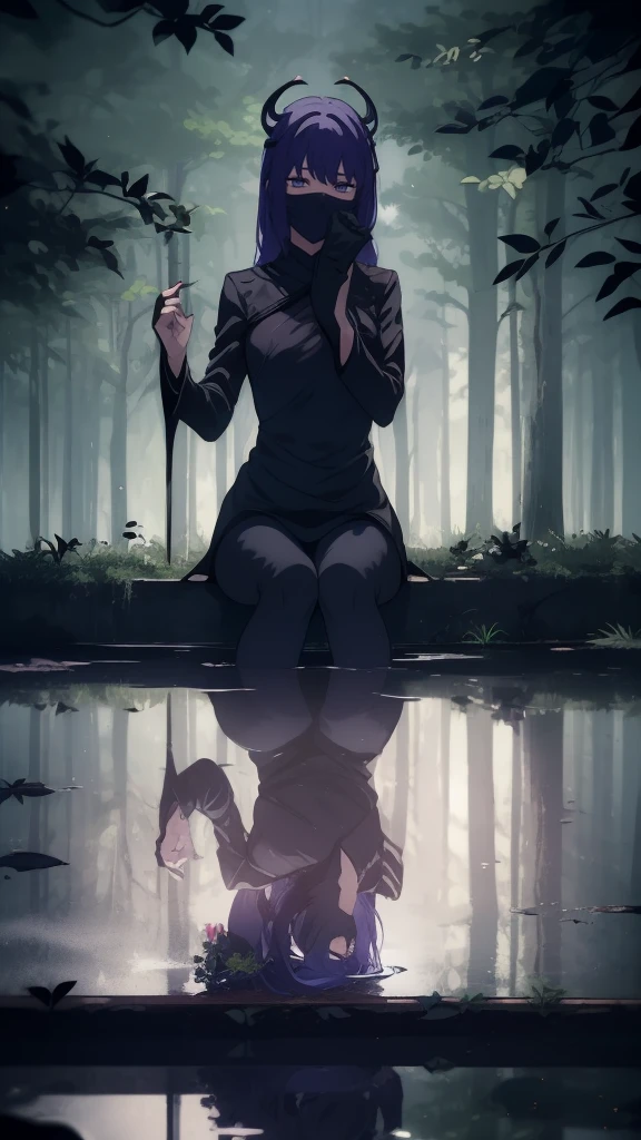1girl, sad, sitting, (umbra-mask), (shadow-self), (dark-aura), (low-resoul-mist), (dark-lotus), ((fountain:0.9)), (water), (water-falling-down), (falling-leaves:0.8)), (small-tree:0.6), (small-fence:0.5), (forest-floor), (misty-background), (mysterious-mood), (low-light), (low-angle-shot), (posing:1.1), (slightly-looking-away), (hand-on-umbra-mask), (fingernails-long), (umbra-symbol-on-forearm), (symbol-of-earth-element), (elegant-attire), (dark-clothing), (shadow-dance-mood), (high-contrast), (vibrant-colors), (water-reflection)