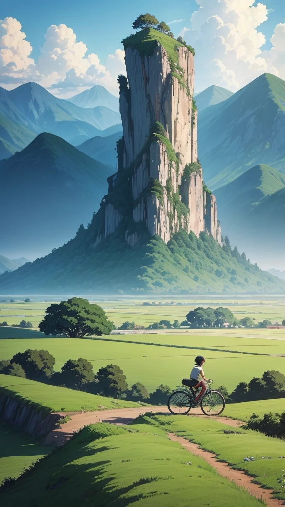 anime character riding a bicycle in a field with green grass and mountains in the background, anime rural landscape, anime background key visual, akira toriyama studio ghibli, studio ghibli key visual, anime movie backgrounds, scenic artwork, anime wallaper, studio ghibli sky , background anime, studio ghibli cinematic stills, studio ghibli style, studio ghibli anime, anime scenery, anime. by Makoto Shinkai, anime landscape wallpaper, Indonesian animation style, anime nature wallpap, Indonesian countryside, Studio Ghibli anime style, Studio Ghibli film stills"