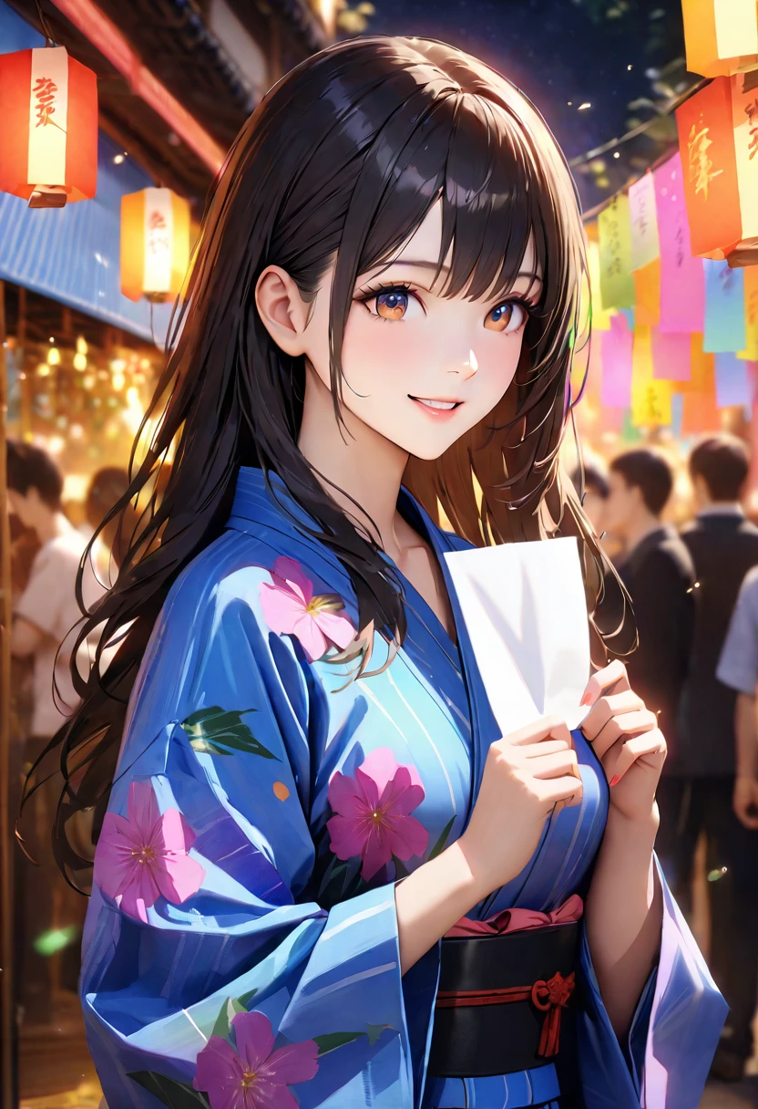 Tanabata,night, yukata, Holding a strip of paper,Blur the background,High school girls,Long Hair,smile,Glitter effect,highest quality, 4K, 8k, High resolution, masterpiece:1.2, Very detailed, Realistic:1.37, High resolution, 超High resolution, Ultra-fine painting, Sharp focus, Physically Based Rendering, Very detailedな説明, Professional, Vibrant colors