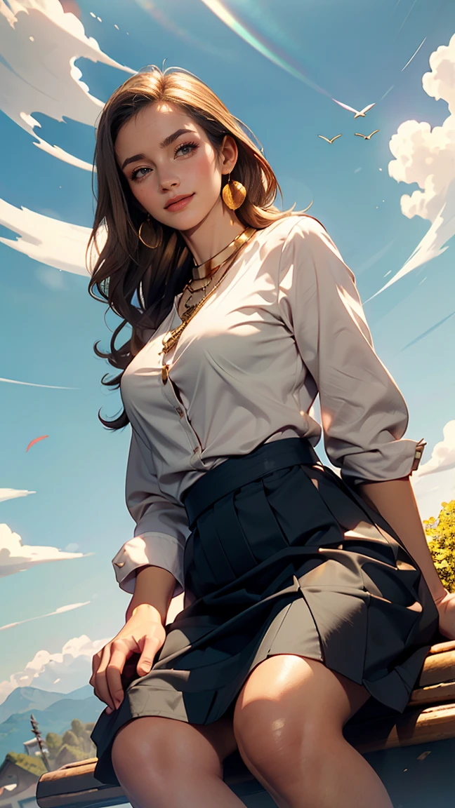 White long sleeve button up blouse_With collar_Remove up to the second button＿Brown pleated mini skirt、Long straight hair_Hair reaching down to the waist、gold necklace＿Large earrings、shy smile、sitting with her back to the top of the mountain_with blue sky and white clouds，rays of sunshine、((look down at the viewer,from below:1.5)),