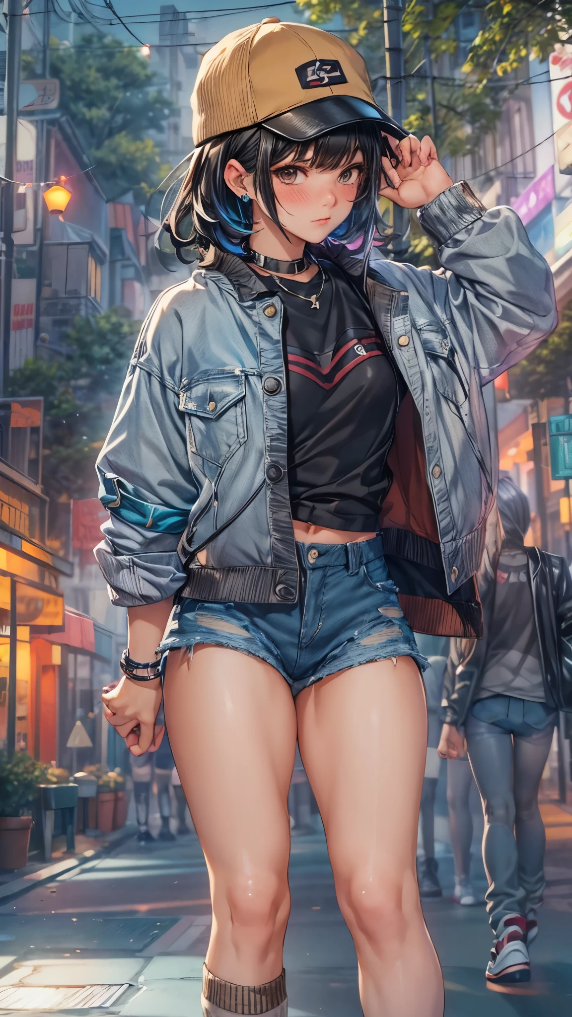 "best quality,ultra-detailed,((background:outside the park1,8)),(one boy),(full body),portraits,((sissy boy,tomboy,FemBoy,trap1,8)),((bulge1.8)),(natural makeup),sitting,black choker,necklace,earrings,(baseball cap),(short black hair),boy's face,boys body,((nose-blush)),((nervous)),(black fishnet tops),( Thongs denim shorts)),((loose socks)),((sneaker)),vibrant colors,soft lighting"