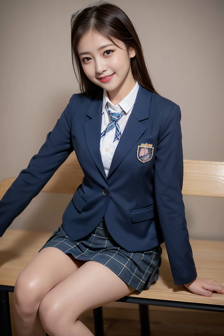 (8k), (highest quality: 1.2), (Realistic), (Realistic: 1.37), Ultra-high resolution, (1 girl), cute, (blush:1.2),(Embarrassed smile), Beautiful details, Beautiful Nose, straight Hair, Giant Dulcefo, pork, Thick thighs，Self Snap,University Uniforms,(A simple dark blue blazer:1.4),(Pleated skirt:1.2),(The skirt and tie are black tartan check pattern.:1.3),(Sitting:1), Sit on the bench,(Hold my feet:1),(Shiny legs:1.3),from the front,knees