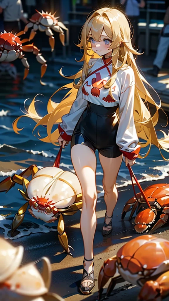 (A cute girl with long hair walking with a crab)
(A long-haired blonde girl walking around with a crab)