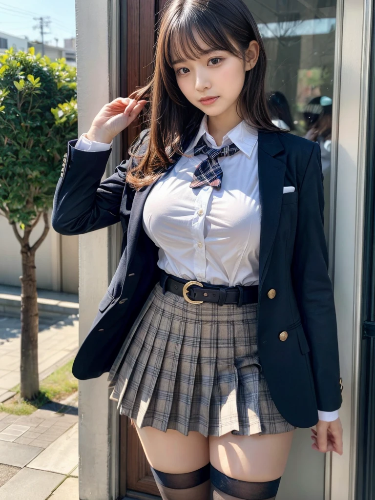 masterpiece, best quality, illustration, Super detailed, fine details, High resolution, 8K,wall paper, perfect dynamic composition,(Details High quality, realistic depiction of eyes:1.3), (2 girls, 2 schoolgirls:1.2), from side, High School Classroom、High school girl uniform、blazer 、Super Short Check Uniform Skirt、Navy blue high socks、garterbelts、Colossal tits、Disturbed uniform,  short bob hair, black hair color, huge breasts, Big Natural Color Lip, bold sexy pose, (perfect body shape), crying a little、 Harajuku style、20 year old girl、 beautiful legs, hposing Gravure Idol, Voluptuous thighs