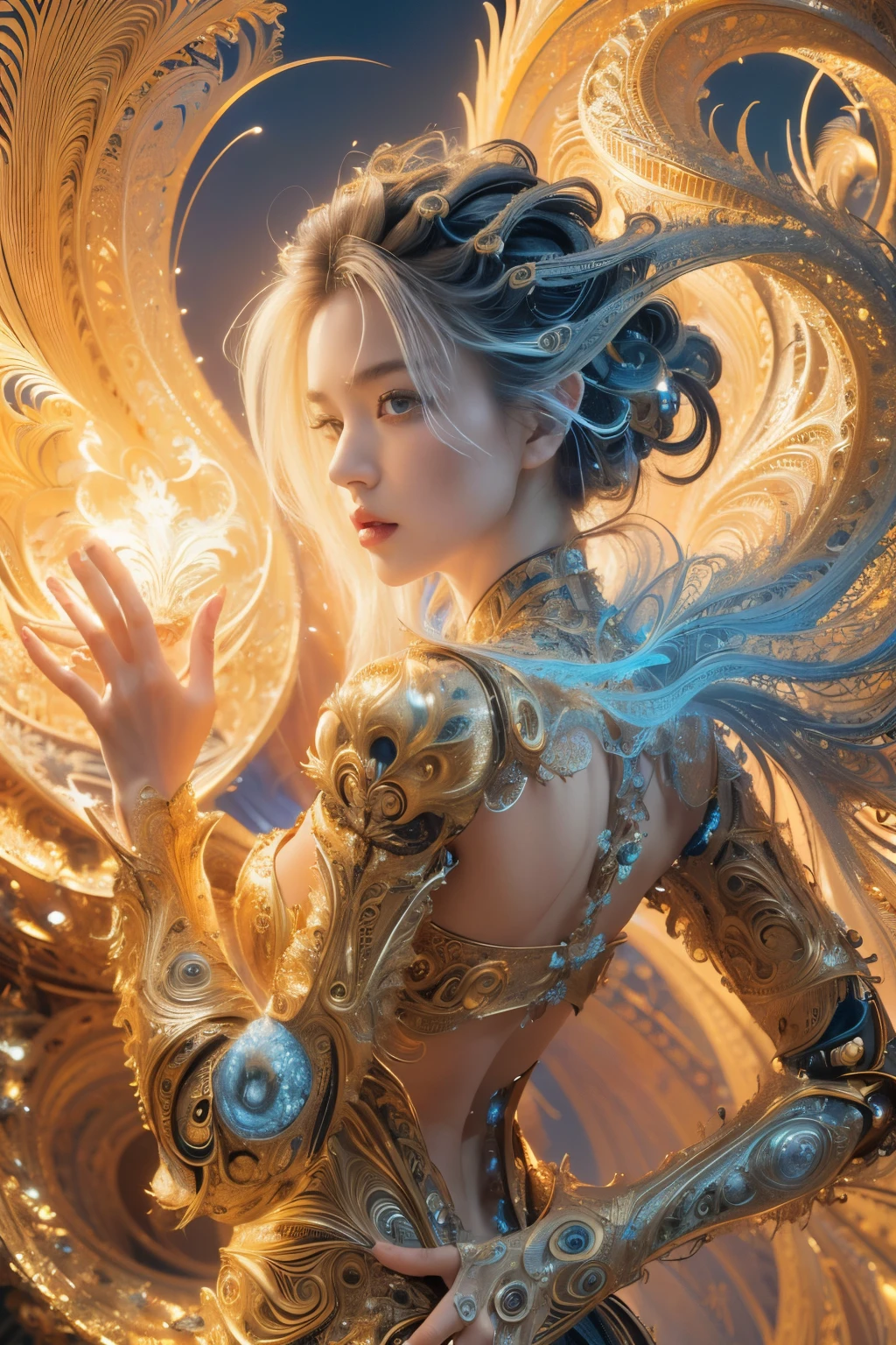 (masterpiece, top quality, best quality, official art, beautiful and aesthetic:1.2), (1girl), (fractal art:1.2),absurdres, highres, ultra detailed, Ultra-precise depiction, solo, (zentangle:1.2), floating hair, shiny skin, (abstract:1.2), pantyhose,looking at viewer, cyberpunk robot, complex robot, halo,