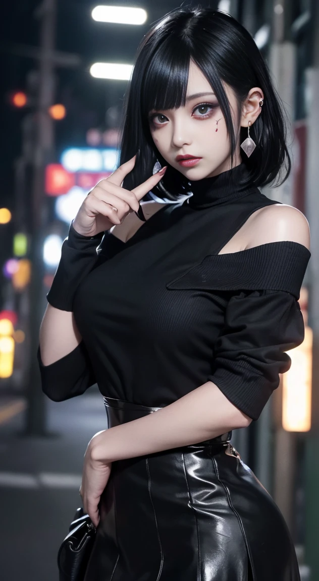 4k-ultra sharp、highest quality, masterpiece, ultra high resolution, (reality: 1.4),   girl, purple eyes, Off-the-shoulder sweater dresses, cinematic lighting、purple and black hair、(mine girl、goth makeup、mine makeup)、(Pierced ears、big breasts、Oversized black T-shirt with open shoulders、dark mini skirt)、((dark makeup、oil skin,sparkling skin、realistic skin texture、detailed beautiful skin、shiny skin)), Dark downtown at night、night、blue film photography、kabukicho、Dark Cyberpunk、(full shot:1.8)、thin legs、thin arms、thin shoulders、thin waist、slender body、big breasts、whole body、((Mega Big Tits)),milk yellow hair、