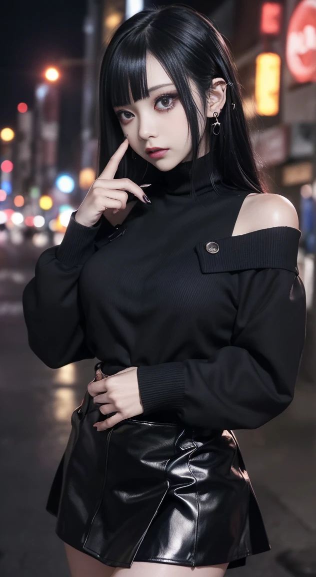 Cinema Lighting、(Key Light：Front 45 degree angle, Subsidy Light、Backlight、Shadow、Blue and orange color palette), Accurate human body、Knowledgeable person、Correct five-finger、RAW Photos、4K - ultra-vivid、highest quality, masterpiece, Ultra-high resolution, (reality: 1.4), 


(((Oilskin,Glowing Skin、Realistic skin texture、Beautiful skin in every detail、Shiny skin、Shiny skin)))、

Beautiful youth, 19-year-old girl, 魅力的なgirl, クールなgirl、girl、mini skirt、Black Mask、((赤いHeavy makeup))、((Big Breasts)) 、 girl1人, Purple eyes, Off-the-shoulder sweater dresses, Cinema Lighting、purple and black hair、(Mine girl、Goth Makeup、My Makeup)、(Earrings、Big Breasts、An oversized black t-shirt with open shoulders、ダークmini skirt)、((Heavy makeup、Oilskin,Glowing Skin、Realistic skin texture、Fine and beautiful skin、Shiny skin)), Dark downtown at night、Kabukicho、Dark Cyberpunk、(Full Shot:1.8)、Thin legs、Thin arms、Narrow shoulders、Tight waist、Slender body、Small breasts、whole body