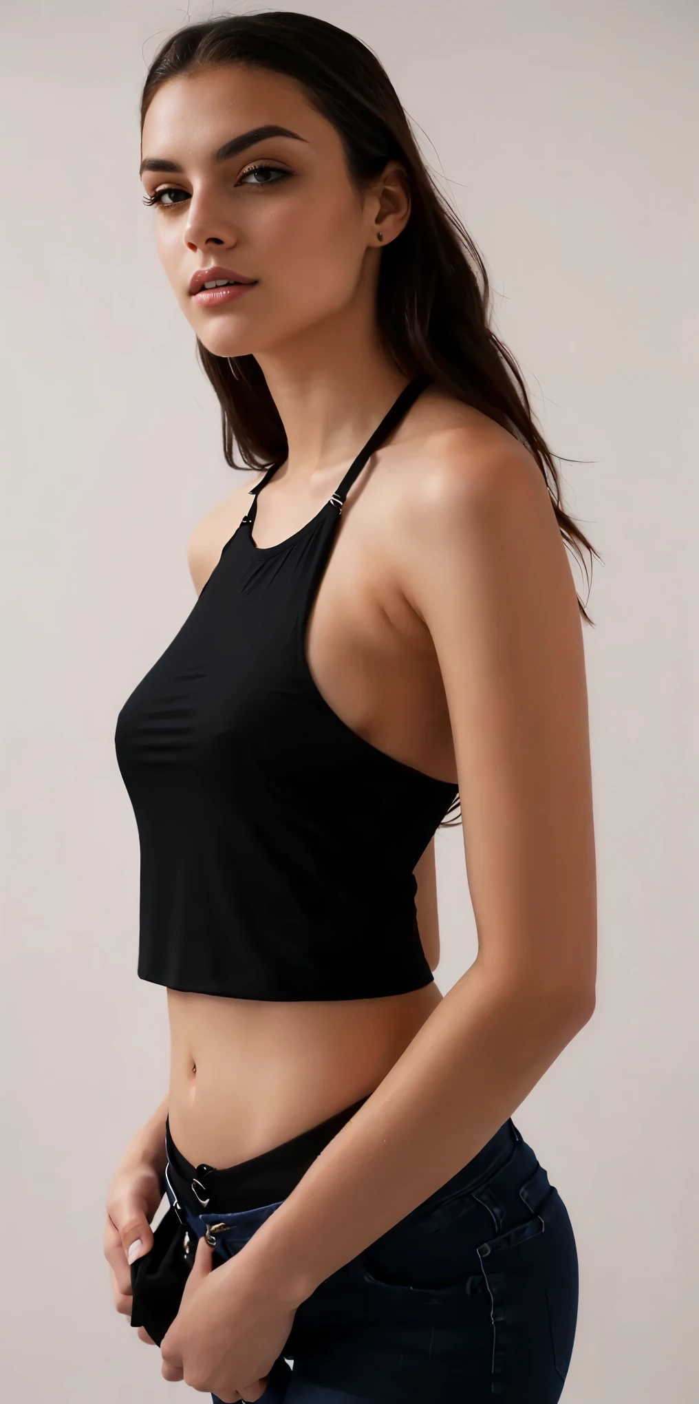 a close up of a woman in a blusa preta and jeans, black halter top, halter neck, wearing a cropped Camiseta preta, halter top, vestindo uma regata preta cortada, halter top, blusa preta, regata preta apertada, she is wearing a Camiseta preta, Camiseta preta, usando um top cropped sexy, black bra, corte superior, corte superior
