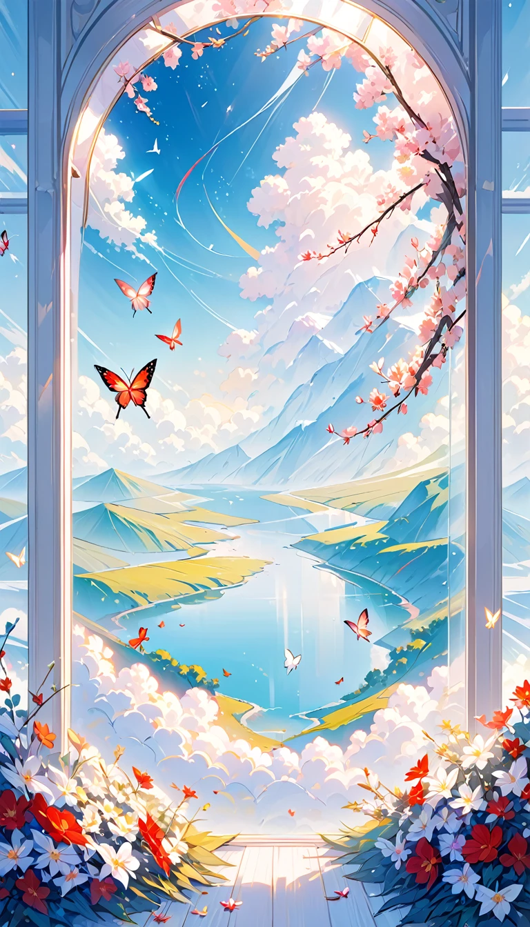 This is a landscape painting with a dreamy foreground, highlighting lines and minimalism in a state of transparent white gauze; The background features flying wreaths, butterflies, using the Moranti color scheme in an abstract sci-fi style