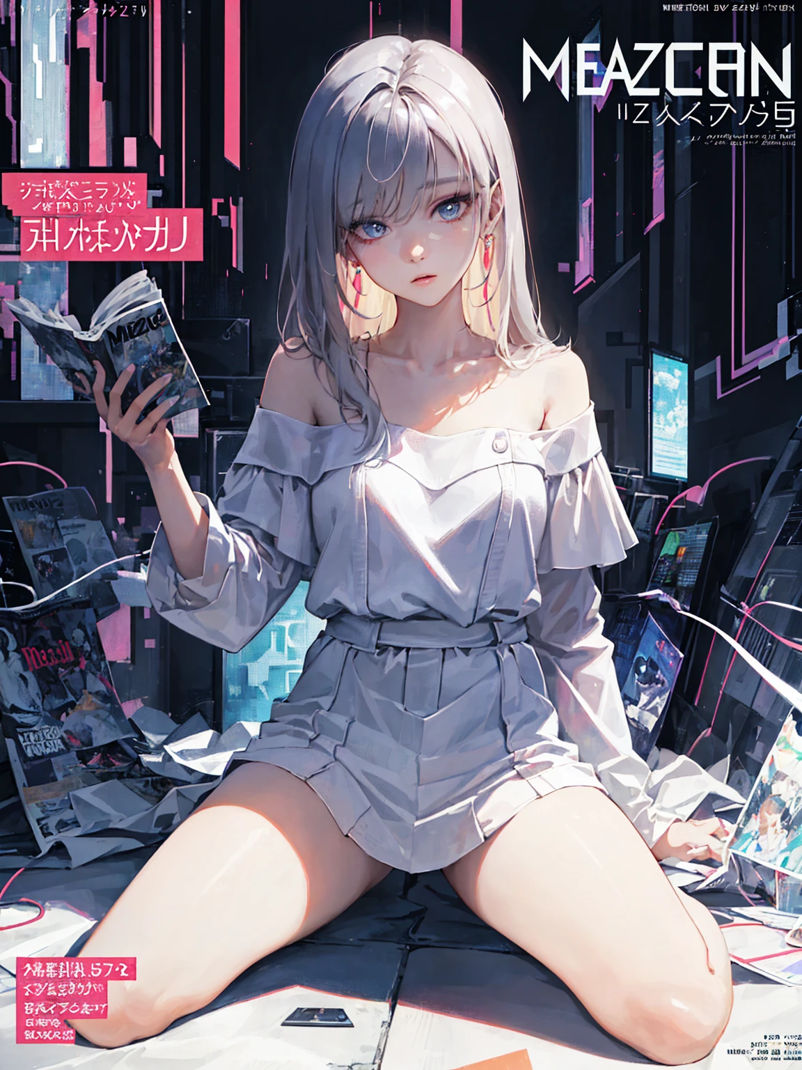 (magazine cover:1.3),ulzzang-6500, (realistic: 1.3) (original: 1.2), masterpiece, best quality, beautiful clean face, fullbody, 1girl, glitch art, (digital distortion), pixelated fragments, data corruption,colorful noise, visual chaos,contemporary aesthetics, white clothes, off shoulder