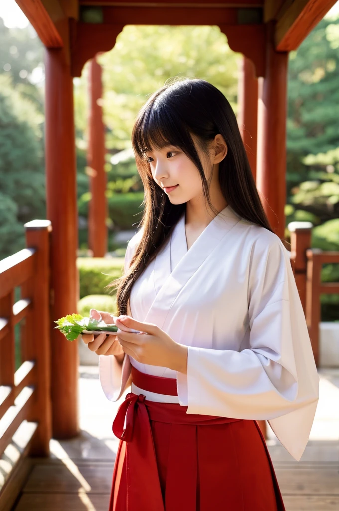 Red hakama, red Japanese style pants, red lower body, Main hall of the shrine, Shrine maiden, ((full body)), ((photo)), ((best qualtiy, 8K, tmasterpiece: 1.3)), Focus: 1.2, perfect figure beautiful girl: 1.4, 1girl, cowboy shot, look at viewer, incredibly absurd, beautiful and cute girl with a photorealistic face, showcasing top-quality craftsmanship, Japanese girl sweeping the garden at the shrine, 17 years old, Her hair is half-up with smooth curls, glossy jet black long hair, Gentle features, Big deep brown eyes, Small face, Fair skin, Translucent, Smooth and silky skin, Natural eyebrow shape, Thin lips, Soft smile,, delicate, Well-balanced proportions, B cup small breasts, Simple and elegant shrine maiden costume, White robe and red hakama,, Beautiful girl, Clean, Healing, Moe, Elegant manners, Kind, Tolerant, Humble, Sincere, Deep faith, January