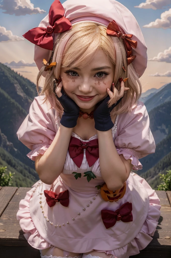 (masterpiece),(best quality), lambdadelta ,dress, striped stockings, red bow, pink hat, necklace, gloves, pearl, pumpkin brooch, crazy face, upper body, persistent stare, mountains, forest, looking at the viewer, red sky, yandere trance, yandere, hands on own face,hands on own cheeks, blank eyes, blush, large smile, (yandere smile)