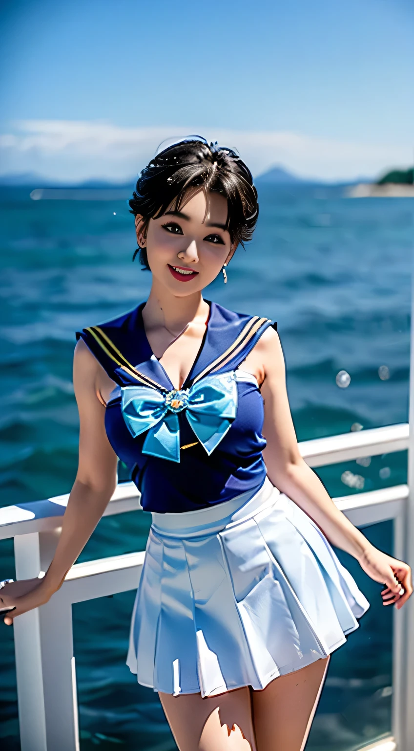 ((Best Quality)), ((Masterpiece)), (detail: 1.4), 3D, (Sailor Moon:) ((Ami Mizuno/Sailor Crystal, Sailor Mercury)), charming smile, short hair, short blue hair, vibrant blue eyes, short skirt, white top, looking at the viewer,, background of the sea in Pattaya, Thailand, dynamic pose, (excellent detail, outstanding lighting, wide angle)
