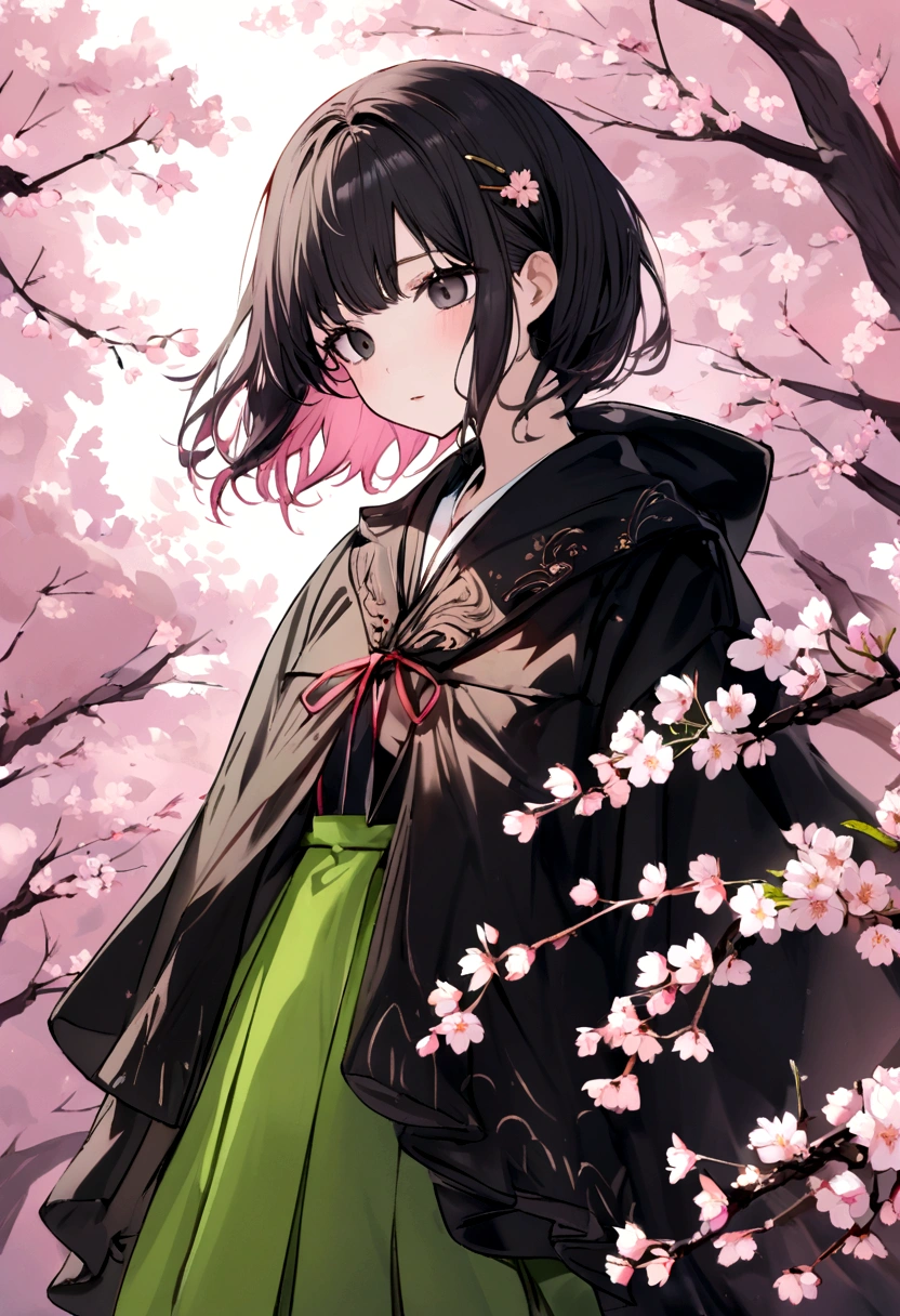 cherry blossom pink short hair, black eyes with no pupil, girl, wears black japanese hoodid, Green skirt, No emotions Showing, cherry blossom with hint of green hairpin
