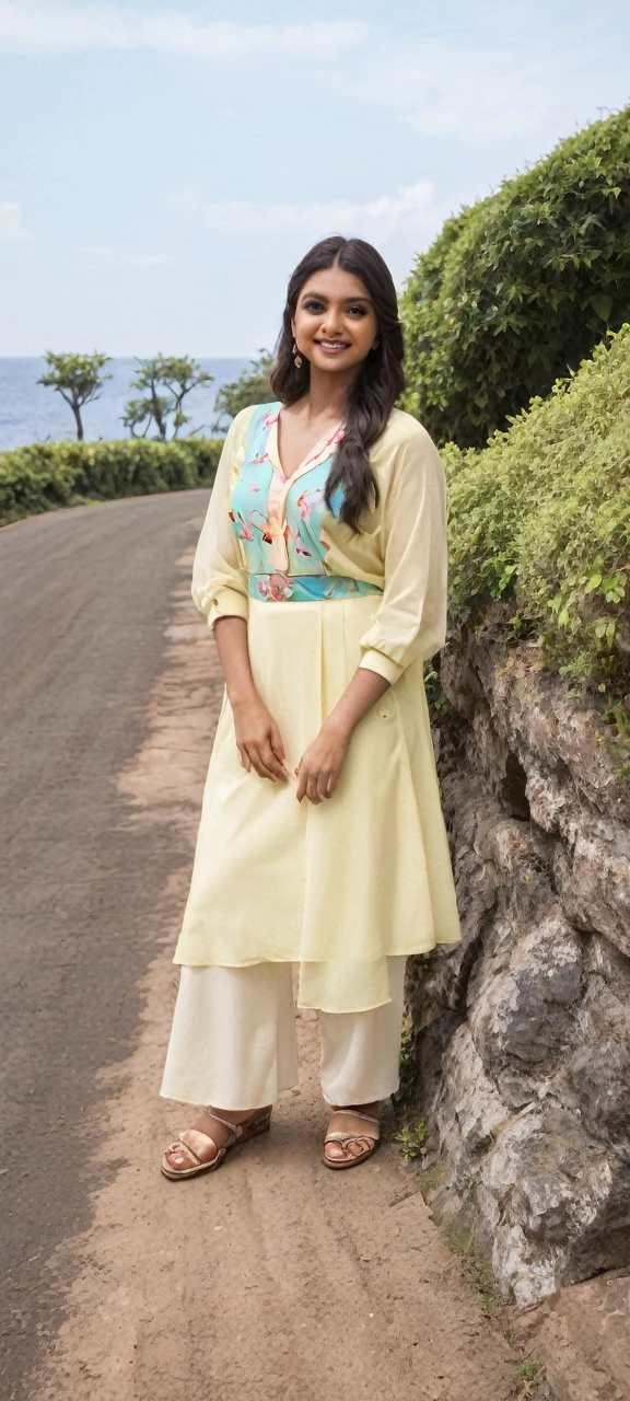 Day scene, A radiant, full-figured South Indian 3 aunty a white colour chiffon fully transparent kurta ,standing, in a office captured in a full-body image with vibrant hues and meticulous details. Full body image