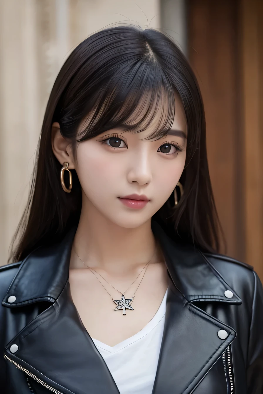 Beautiful Young Woman of the Year、 Korean women、Black Hair、Necklace around the neck、leather jacket、shirt、Intricate details, Very detailed:1.2), 、 Looking into the camera,The background is the town、ear piercing