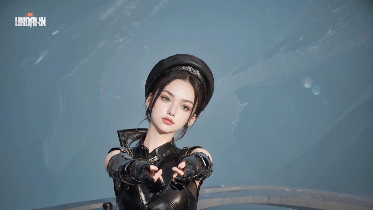 Game art，The best picture quality，Highest resolution，8K，((A bust photograph))，((Portrait))，(Rule of thirds)，Unreal Engine 5 rendering works， (The Girl of the Future)，(Female Warrior)， 22-year-old girl，(Female hackerauve gradation of hair，Long hair casual)，(A beautiful eye full of detail)，(Big breasts)，(Eye shadow)，Elegant and charming，Smile，(frown)，(Battle wear full of futuristic tech，Clothing combines futuristic power armor and police uniforms，The garments are adorned with glittering patterns and badges)，Cyberpunk Characters，Future Style， Photo poses，City background，Movie lights，Ray tracing，Game CG，((3D Unreal Engine))，oc rendering reflection pattern