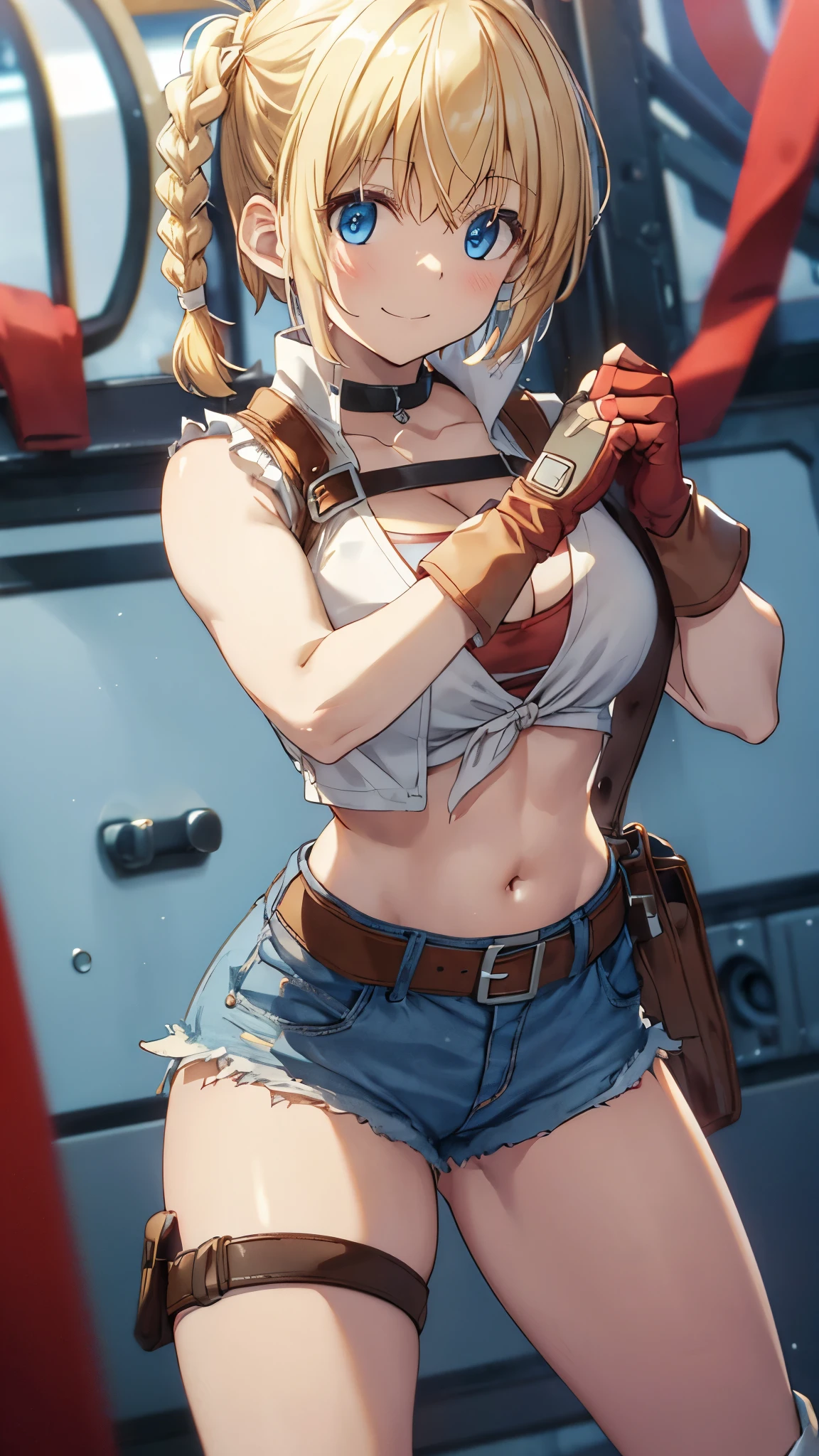 upper body,lammis, short hair, bangs, blue eyes, blonde hair, multicolored hair, streaked hair, braid, single braid, one side up,(large breasts,curvy),smile,
shirt, gloves, navel, cleavage, white shirt, shorts, sleeveless, choker, midriff,abs, belt, fingerless gloves, crop top,short shorts, sleeveless shirt, brown gloves, red gloves, (blue shorts, denim shorts), black belt, brown belt,