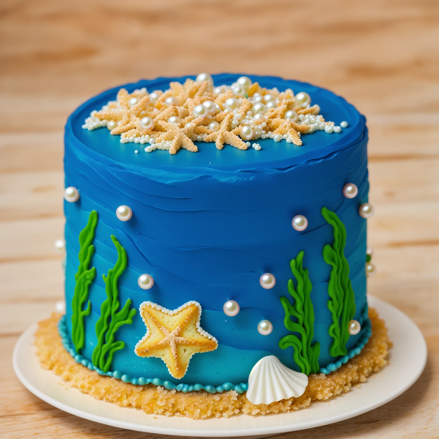 on a wooden table, there is a white plate with cake. blue cream cake. green cream in the form of seaweed. white pearls. shell and starfish made of polymer clay. yellow bread breading in the form of sand. realistic style. realistic texture. Detailed texture . high quality photo. bright lighting. beautiful light. High quality. a high resolution. macro photography. ultra hd 8k