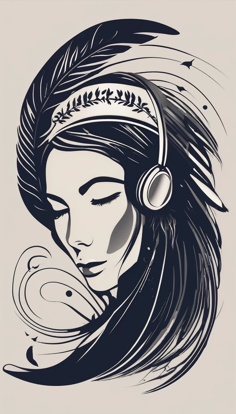 Create a modern, minimalistic logo design for a brand about music and movies called " Penamemoria" . The logo must be in minimalistic style and convey a sense of storytelling, music and dreams. The logo of a special, unique, memorable, captivating feather. Half of the feather is the face of a boy guitarrist, and the other half is a feather of memories