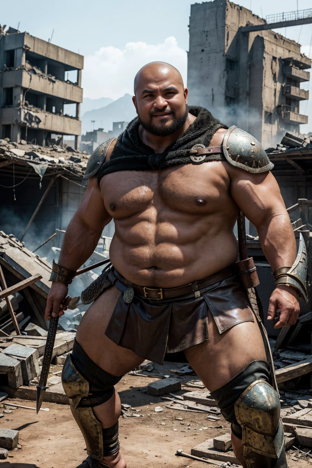 looking at us, shoot from front, face focus, Bandit, Fat ferocious barbarian:2, This barbarian is a robust stocky Japanese, smirking, mid combat, intense battle scene, leather and iron armor, armored short skirt, holding a Viking War Axes, legs exposed from thighs to feet, fierce warriors, ancient battlefields, epic showdown, battleground background, masterpiece, volumetric lighting, Dramatic, Uighur the Warden, breathtaking action, dynamic poses, bald, ((ultra sharp)), ((masterpiece)), ((best quality)), ((ultra detailed)), ((intricate details)), Inguinal region detailed, Dilapidated, breathtaking action, destroyed city after big air raids, A desolate, post-apocalyptic cityscape, A brutal scene, casting an ominous shadow, 