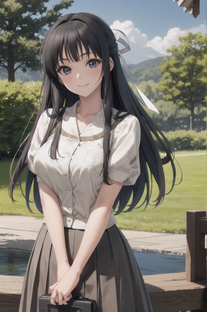 masterpiece, best quality, migiwa kazuha, hair ribbon, white shirt, short sleeves, pleated skirt, upper body, looking at viewer, blue sky, smile, trees, large breasts,no clothes