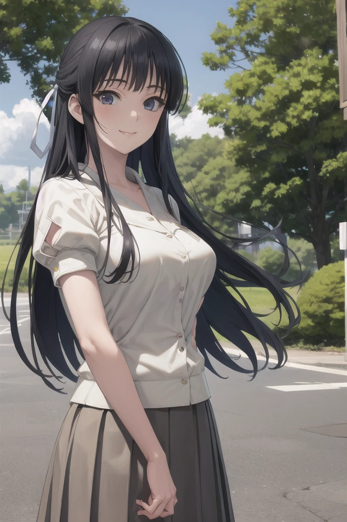 masterpiece, best quality, migiwa kazuha, hair ribbon, white shirt, short sleeves, pleated skirt, upper body, looking at viewer, blue sky, smile, trees, large breasts,no clothes