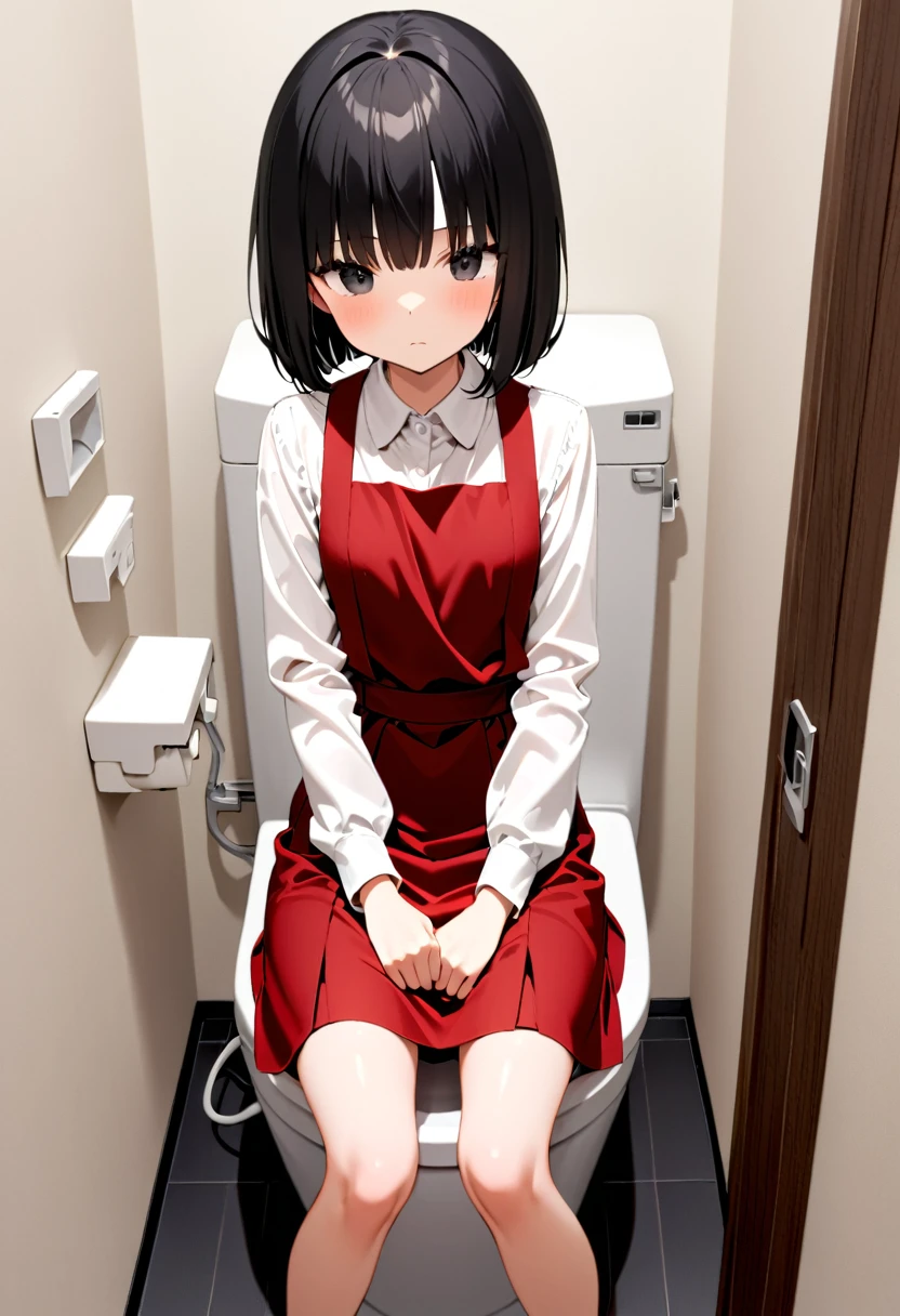 1girl,12old, ,short hair,hair over eyes,bob cut,straight hair,black hair, ,tsurime,black eyes, , collared shirt,white shirt,long sleeves, ,suspender skirt,red skirt, ,toilet stall, ,Sit on an open urinal,