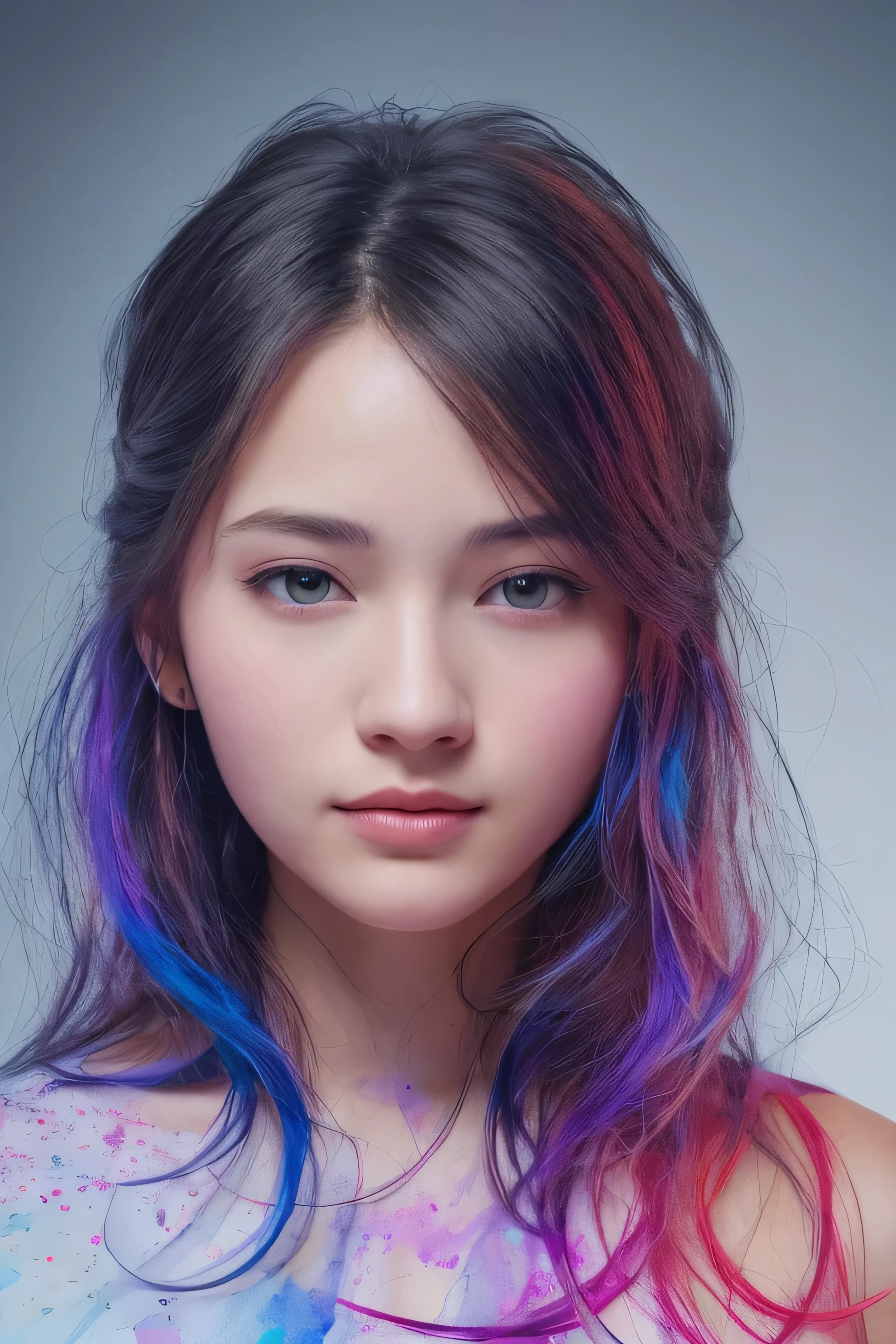 Beautiful girl with bright colors: A 20-year-old girl, messy hair, painting, Perfect face, soft skin Perfect face, blue yellow, Light purple and violet added, light red additive, Intricate details, Startup Screen, 8k resolution, masterpiece, Cute face, ArtStation Digital Smooth Black Ink Flow: 8k resolution realistic masterpiece: complicated fluid gouache: author：John Baptiste Monger: calligraphy: Acrylic Fiber: Watercolor Art, Professional photography, Natural Lighting, Volumetric lighting minimalist photography illustration: author：marton bobzert: , complicated, elegant, Broad, Dreamy, curls, Energetic