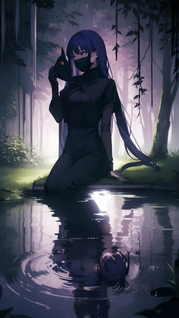1girl, sad, sitting, (umbra-mask), (shadow-self), (dark-aura), (low-resoul-mist), (dark-lotus), ((fountain:0.9)), (water), (water-falling-down), (falling-leaves:0.8)), (small-tree:0.6), (small-fence:0.5), (forest-floor), (misty-background), (mysterious-mood), (low-light), (low-angle-shot), (posing:1.1), (slightly-looking-away), (hand-on-umbra-mask), (fingernails-long), (umbra-symbol-on-forearm), (symbol-of-earth-element), (elegant-attire), (dark-clothing), (shadow-dance-mood), (high-contrast), (vibrant-colors), (water-reflection)