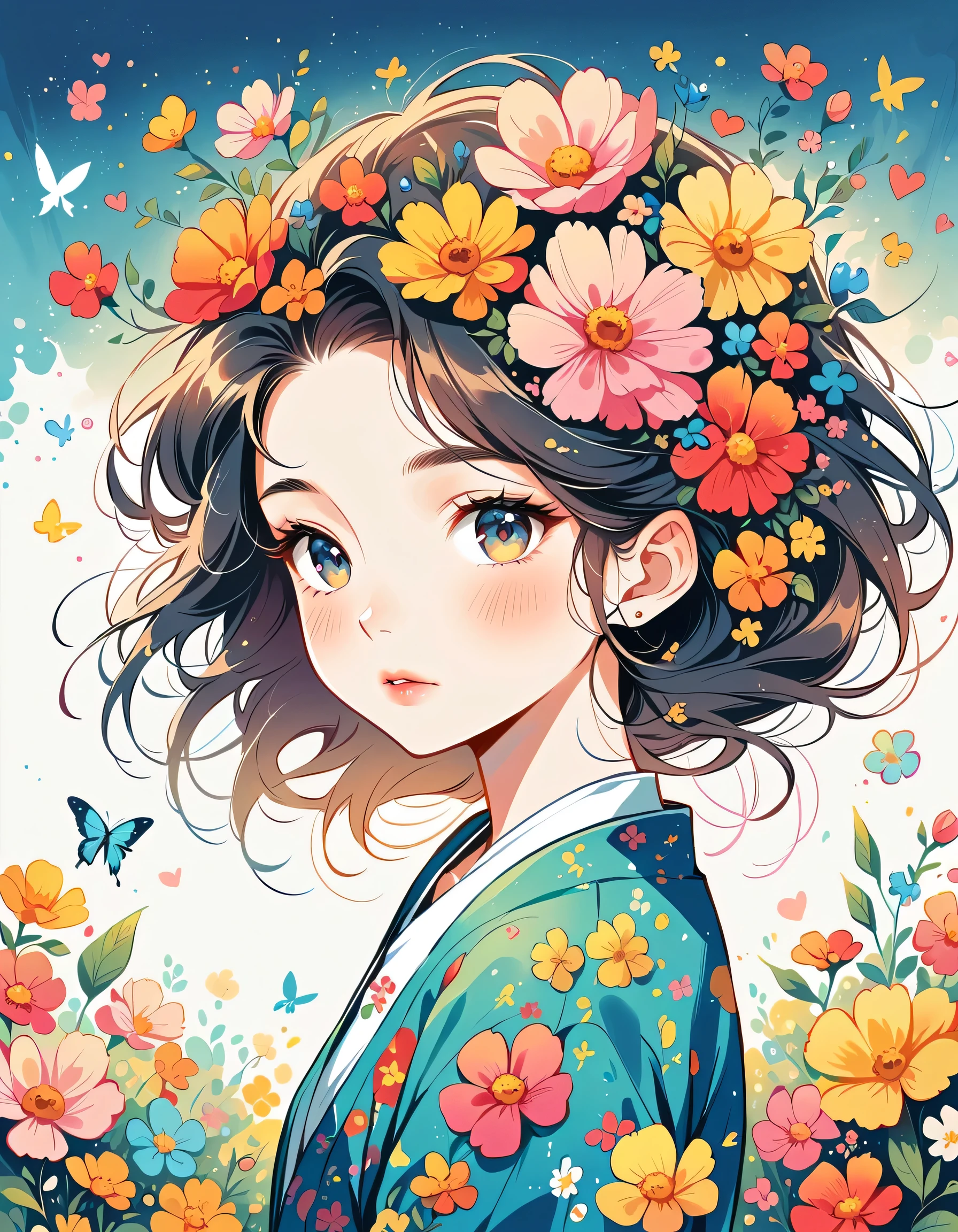 Takashi Murakami style、The most beautiful girl of all time、Lips in Love、Colorful flowers、Simple line initials、Abstract art、Urban Background,