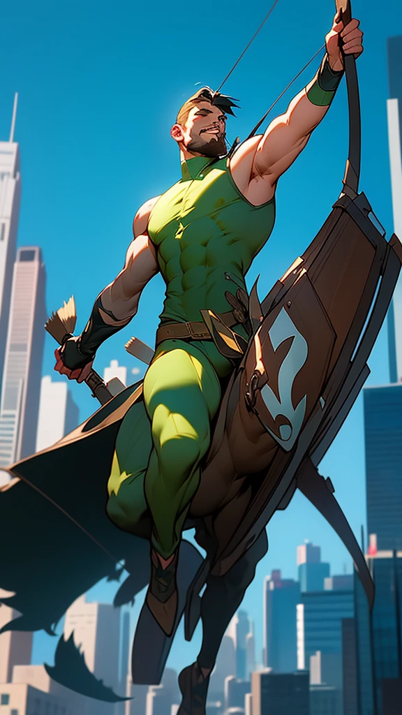 In movement ,in action , 8k, high quality , very well detailed face , detailed fingers ,detailed muscles, detailed background, stephen amell as green arrow , wearing dark green outfit, showing a dark blond short hair WITH FADE AWAY , a well groomed facial hair , a bulge ,hunk and handsome, using his bow and arrow , aiming with his bow and arrow toward the ennemy,in action , jumping from roof to roof , in the air , with the quiver on his back full of arrows, background cityscape at DAY LIGHT