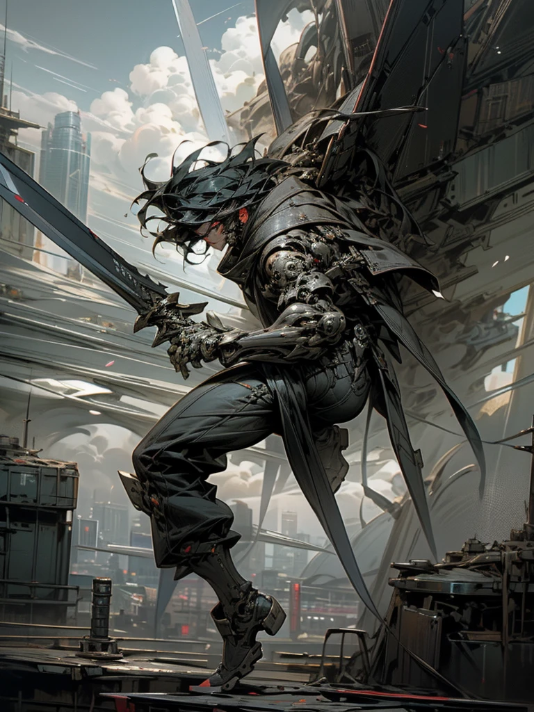 In a sci-fi style city, a Chinese swordsman,Black Fragmented Hair,stands on the rooftop of a tall building,boots, holding sword, black hair, medium hair, male, science_fiction, cityscape,wielding a black straight sword,dressed in modern black clothing, gazing at,mechas,terrifying monsters with flesh and blood,soaring in the clouds,leaving the world in ruins
Behind the scenes perspective
(painting),(illustration),{beat quality} masterpiece,best quality,official art,extremely detailed CG unity 8k wallpaper, cityscape,