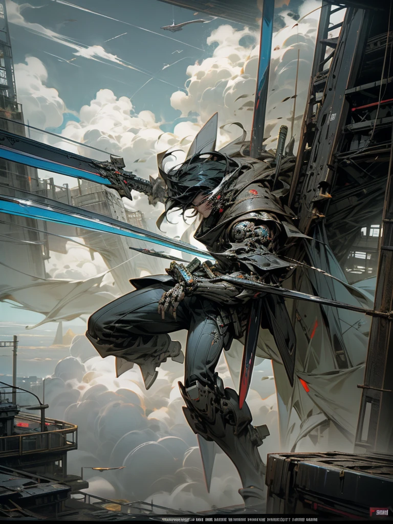 In a sci-fi style city, a Chinese swordsman,Black Fragmented Hair,stands on the rooftop of a tall building,boots, holding sword, black hair, medium hair, male, science_fiction, cityscape,wielding a black straight sword,dressed in modern black clothing, gazing at,mechas,terrifying monsters with flesh and blood,soaring in the clouds,leaving the world in ruins
Behind the scenes perspective
(painting),(illustration),{beat quality} masterpiece,best quality,official art,extremely detailed CG unity 8k wallpaper, cityscape,