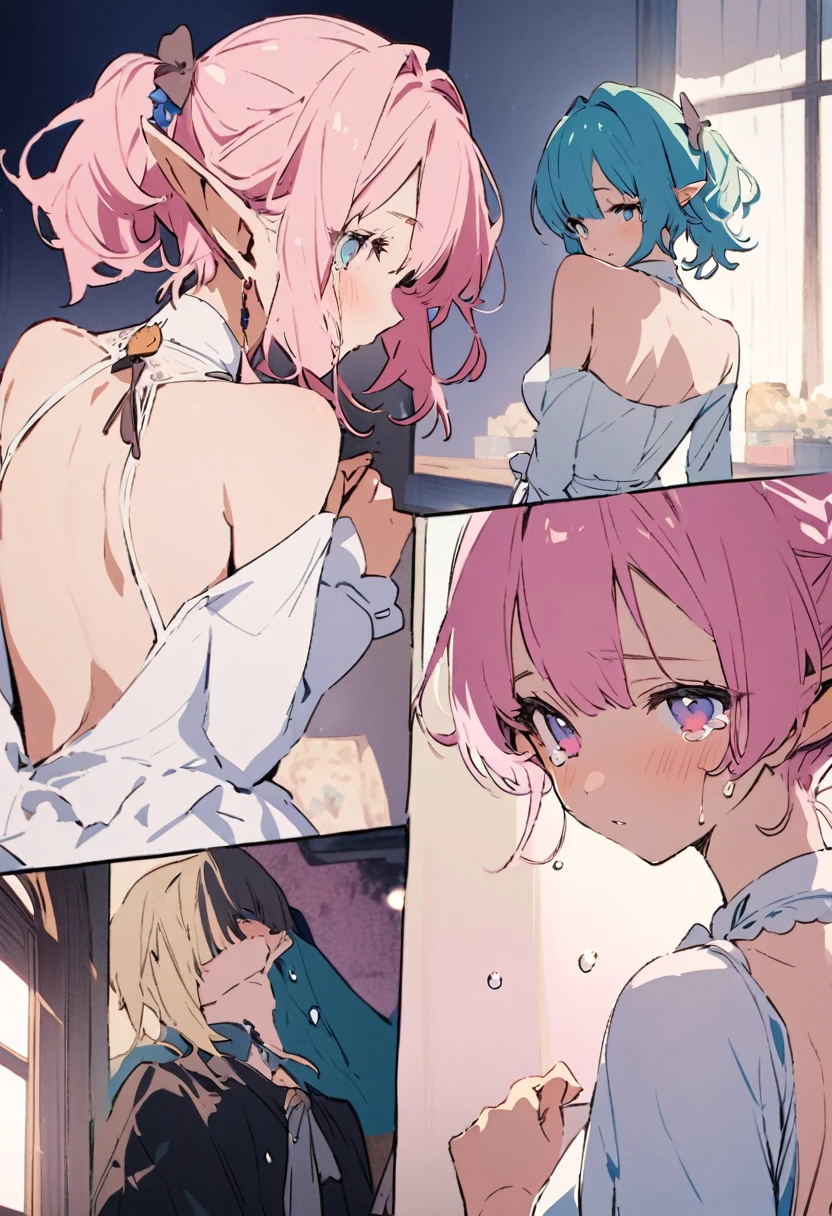 [[[[[[[[kacyu, as109]]]]]]]], (masterpiece, best quality),(masterpiece, best quality), best resolution, (3heads:1.5), 1girl, sagonomiya kokomi character, pink hair, pink eyes, different facial expressions, contemplative, trying to decide what to buy, shirt racks, clothes store ((three heads, 3head):1.5)，masterpiece, illustration, beautiful, 4k, 8k,